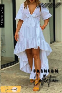 Casual V-neck Bow Cake Dress P10653 White Dress Summer Casual, Stylish White Dress, Bow Cake, Best Maxi Dresses, Bow Cakes, Cake Dress, Plain Maxi Dress, Sundress Casual, A Line Maxi Dress