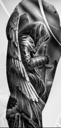 a man's arm with an angel tattoo on it