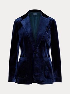 Rendered in luxe silk-blend velvet, this blazer is expertly tailored for a slim fit and features patch pockets. Ralph Lauren Blazer, Americana Fashion, Navy Velvet, Ralph Lauren Purple Label, Velvet Blazer, Us Open, Jumper Shirt, Wimbledon, Formal Shirts