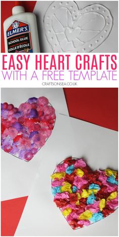 two hearts made out of paper with the words easy heart crafts with a free template