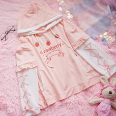 Strawberry Embroidery Flounce Lace up Hoodie Sweatshirt Strawberry Aesthetic, Winter Tops For Women, Harajuku Clothes, Strawberry Baby, Embroidery Hoodie, Kawaii Fashion Outfits, Aesthetic Clothing, Anime Hoodie, Pink Outfits