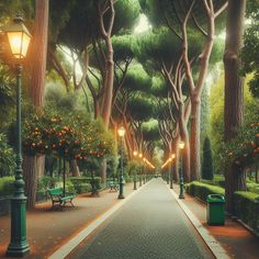 an empty park with benches and trees lining the walkway at sunset or sunrise, as well as street lamps on either side