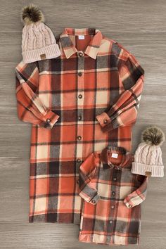 Mom & Me - Orange Flannel Button Down Shacket - Sparkle in Pink Orange Flannel, Distressed Leggings, Sparkle In Pink, Mommy And Me Outfits, Orange Plaid, Mom Kid, Plaid Design, Flannel Material, Pink Plaid