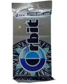 a package of blue and white gum with the word's logo on it, in front of a white background