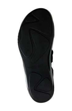 This sturdy yet flexible sandal offers convenient all-day comfort, while the adjustable hook-and-loop straps ensure a perfect fit. Flat sole Cushioned footbed with arch support Leather upper and lining/synthetic sole Imported Synthetic Closed Toe Sport Sandals With Leather Footbed, Black Leather Sandals With Arch Support, Black Leather Sandals For Walking, Leather Sport Sandals With Cushioned Footbed For Walking, Black Cushioned Sandals For Walking, Black Cushioned Walking Sandals, Synthetic Ankle Strap Footbed Sandals With Arch Support, Black Slingback Sandals With Textured Footbed, Black Ergonomic Sandals With Removable Insole