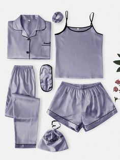 7pcs Satin Embroidered Pajama Set Mauve Purple Elegant  Long Sleeve,Sleeveless Fabric,Satin Colorblock,Letter Pant Sets Non-Stretch All Women Sleep & Lounge, size features are:Bust: ,Length: ,Sleeve Length: Pyjama Set Aesthetic, Cheap Purple Spring Sleepwear, Purple Summer Sleepwear For Sleepover, Purple Pijama, Cute Matching Pajamas, Pajama Set Aesthetic, Cheap Purple Sleepwear With Short Sleeves, Purple Summer Sleepwear Sets, Cute Pajama Pants