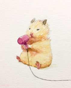 a watercolor painting of a hamster holding a flower