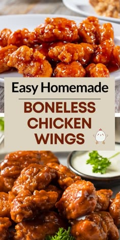 easy homemade boneless chicken wings with ranch dressing in the background and text overlay that says easy homemade boneless chicken wings