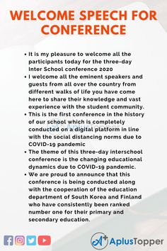 the welcome speech for the conference is shown in red and orange text on a white background