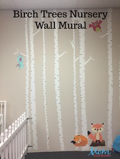 birch trees nursery wall mural with forest animals