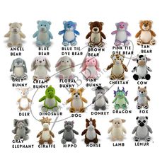 a group of stuffed animals sitting next to each other on a white background with the names of them