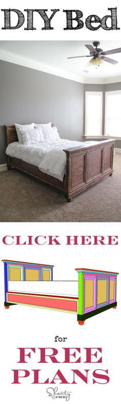 an image of a bed that is in the middle of a room with text overlay reading diy bed click here for free plans