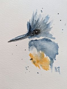 a watercolor painting of a bird with blue and yellow feathers