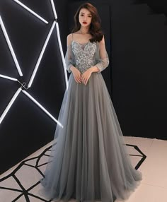 Grey Tulle Dress, Gray Wedding Dress, Gray Evening Dress, Lace Long Prom Dress, Backless Formal Dresses, Grey Evening Dresses, Tulle Evening Dress, Gray Dresses, Blue Evening Dresses