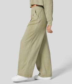 Women’s Ribbed High Waisted Plicated Side Pocket Wide Leg Casual Pants - Halara Stacked Sweatpants, Wide Leg Casual Pants, Casual Wide Leg Pants, Bleach Wash, One Star, Gray Green, Side Pocket, Jogger Pants, Casual Pants