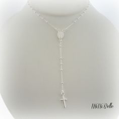 "Welcome Here I have a beautiful petite sterling silver rosary necklace. details: made with solid sterling silver .925 necklace measures 17\" inches long plus the drop measures an additional 3 1/2\". beads measure 2mm a spring ring clasp in the back Thanks for looking♥ Custom Orders Welcome♥" White Sterling Silver Necklace For First Communion, Dainty Silver Necklace With Miraculous Medal, Sterling Silver Necklace For First Communion, Sterling Silver White Gold Necklace For First Communion, Dainty Silver Crucifix Jewelry, Silver Spiritual Jewelry For First Communion, Spiritual Silver Jewelry For First Communion, Silver Sterling Silver Cross Rosary, Sterling Silver Cross Rosary In Silver