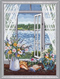 a cross stitch picture of a window with flowers and books in front of the water