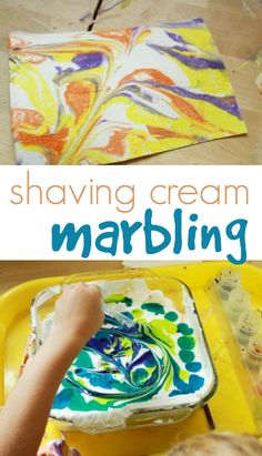 this is an image of someone shaving cream marbling on the table with text overlay