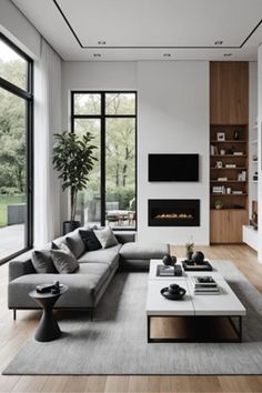 a modern living room with white walls and wood flooring, large windows on the side