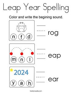 leap year spelling worksheet for kids to practice their handwriting and color the letters