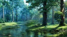 a painting of a river running through a forest filled with lots of green grass and trees