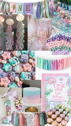 a collage of mermaid themed items including cake, cupcakes and other decorations