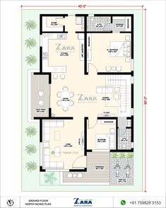 the floor plan for a two bedroom house with an attached kitchen and living room area