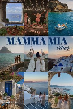 many different pictures are shown in this collage with the words mamma mia videos