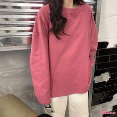 Qteee - Chic and Elegant Split Loose Casual Shirt in Solid Color Casual Plain Pink Tops, Pink Casual Plain Tops, Casual Pink Plain Tops, Oversized Pink Plain Tops, Basic Long Sleeve Pink T-shirt, Woman Blouse Fashion, Color Blouse, Aesthetic Shirts, Women Blouse