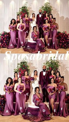 two pictures of the same bride and groom posing for photos with their bridal party