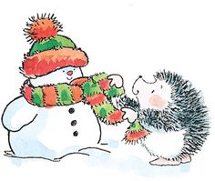 a drawing of a hedge and a snowman, both wearing knitted scarves