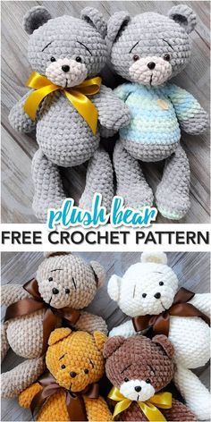 three crocheted teddy bears sitting next to each other with the text, plush bear free crochet pattern