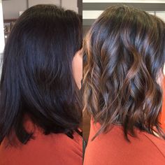 Before and After. #BALAYAGE!! Beautiful cinnamon highlights for a brunette Hair Balayage, Balayage Brunette, Penteado Cabelo Curto, Brown Blonde Hair, Shoulder Length Hair, Brown Hair Colors, Brunette Hair, In The Wild