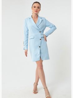 Women's baby blue and white gold buttoned Jacket Dress - Etsy Polska Fitted Long Sleeve Blazer Dress With Buttons, Spring Knee-length Outerwear With Double Button Closure, Light Blue Long Sleeve Outerwear With Buttons, Fitted Light Blue Outerwear With Buttons, Dressy Long Sleeve Blazer Dress For Spring, Elegant Double-breasted Jacket Dress For Spring, Fitted Light Blue Outerwear With Button Closure, Fitted Blazer Dress With Lapel Collar For Spring, Fitted Light Blue Winter Blazer