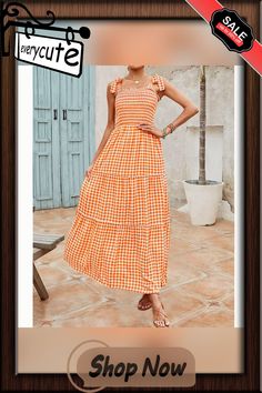 Orange Smocked Bohemia Plaid Print Tiered Maxi Dress Sleeveless Orange Dress With Smocked Back, Summer Floor-length Maxi Dress With Smocked Back, Orange Plaid Dress, Multicolor V-neck Maxi Dress With Smocked Back, Orange V-neck Boho Print Maxi Dress, Tiered Maxi Dress, Plaid Print, Dresses Maxi, Women Dresses