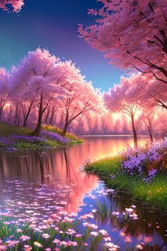 a painting of pink flowers and trees by the water at sunset with reflection in the water