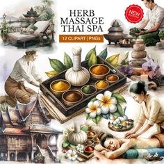 an advertisement for a thai spa with pictures of people doing different things in the background