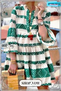 Sweet Geometric Print Baggy Dress Casual Green Dress With Geometric Pattern, Long Sleeve Geometric Summer Dresses, Casual Green Tunic Mini Dress, Casual Dresses With Geometric Pattern, Clothes Stores, Striped Print Dresses, Baggy Dresses, Loose Mini Dress, Short Tunic