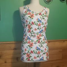 #1 Nwt - Stylish Floral Print Tank Top - With Flowers And Blue Bird Design - All Reasonable Offers Welcome! White Stretch Tank Top With Floral Print, White Stretch Floral Print Tank Top, White Casual Tank Top With Floral Print, Casual White Tank Top With Floral Print, Casual White Floral Print Tank Top, Print Tank Top, Bird Design, Print Tank, Printed Tank Tops