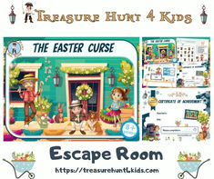 the escape room has four children's pictures on it and is in front of an advertisement