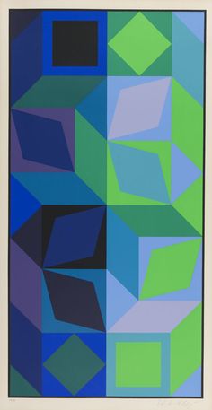 an abstract painting with blue, green and purple colors