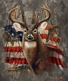 a deer with an american flag in the background