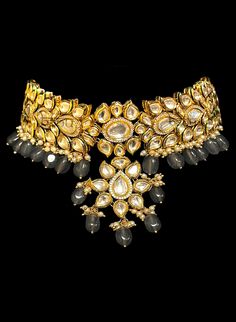 Punjabi bridal choker necklace with kundan and grey stone drops Crystal Bridal Necklace With Stones For Wedding, Wedding Bridal Crystal Necklace With Stones, Kundan Bridal Necklace With Stones For Wedding, Gold Bridal Necklace With Stones, Gold Bridal Necklace With Stones For Wedding, Crystal Kundan Necklace With Stone Work For Wedding, Wedding Crystal Jewelry Sets With Stones, Hand Set Crystal Kundan Wedding Necklace, Hand Set Crystal Kundan Necklace For Wedding