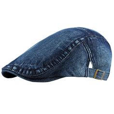 a denim cap with gold buckles on the side