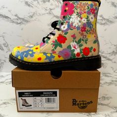 Cute Boots New In Box Fits Size 7 In Women Casual Yellow Closed Toe Boots, Multicolor Floral Print Boots With Round Toe, Yellow Closed Toe Boots For Spring, Yellow Ankle Boots For Spring, High-top Yellow Boots For Spring, Yellow Ankle-high Spring Boots, Yellow Leather Spring Boots, Spring Yellow Leather Boots, Casual Multicolor Closed Toe Boots