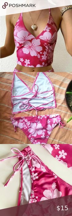 New! Hibiscus Side-Tie Strappy Tankini Set - Size M Aesthetic Tankini Swimsuit, Tankini Set Aesthetic, Tankini Swimsuits For Women Aesthetic, 2000s Tankini, Hibiscus Tankini, Hibiscus Swimsuit, Y2k Tankini