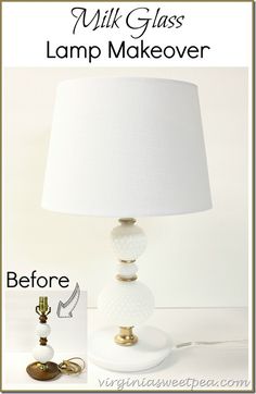 a lamp that is on top of a table with the words milk glass lamp makeover before and after