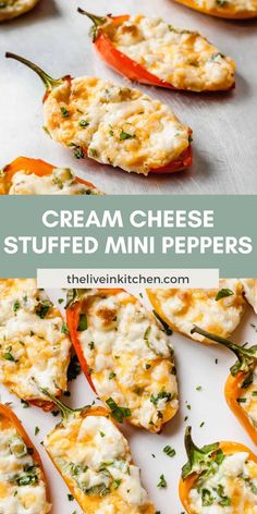 mini cheese stuffed peppers on a baking sheet with text overlay that reads, cream cheese stuffed mini peppers