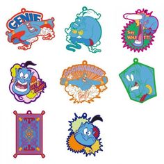 cartoon character shaped tags are shown in different colors and sizes, including one with an image of