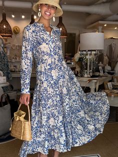 Marbella Silk Blend Maxi Dress Mediterranean Fashion, Dress And Sandals, Carefree Style, Blue And White Floral Pattern, Straw Bucket Hat, Palm Beach Style, Shades Of White, Under The Stars, Coastal Living